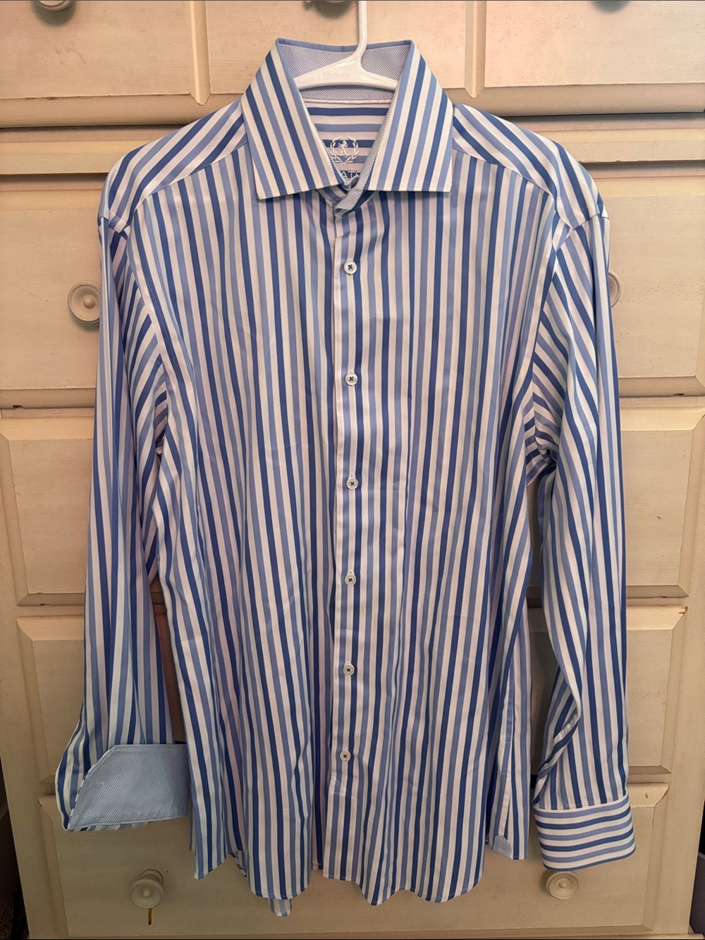 Bugatchi Blue and White Vertical Stripe Dress Shirt